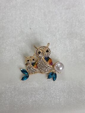 Women's 2 Owls Blue Crystal Brooch Retro Style Pin Pearl Rhinestones NEW